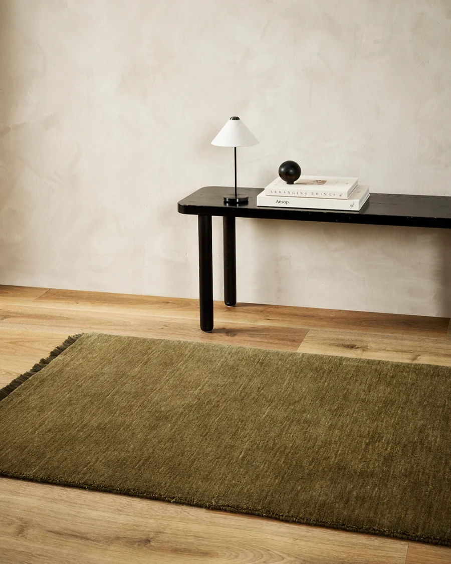 sandringham-moss-green-wool-handmade-rug-stans-rust-brown-runner